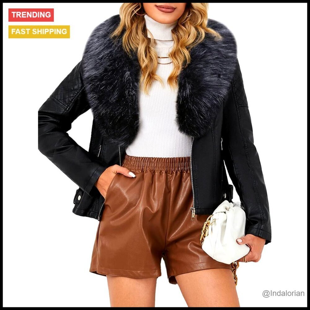 Faux Leather Moto Jacket with Removable Fur Collar Sherpa Lined Winter Coat